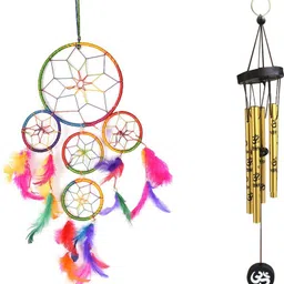 Combo of Multi Dream Catcher and Om Printed Golden 5 Pipe Wind Chime Cotton, Brass Dream Catcher-image-11