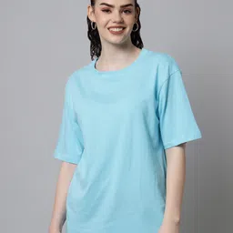funday fashion Women Solid Round Neck Cotton Blend Blue T-Shirt-picture-11