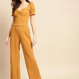 WoowZerZ Women Mustard Yellow Ribbed Top & Palazzos Set-picture-10