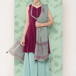Yufta Embroidered Thread Work Kurta with Palazzos & With Dupatta image 2