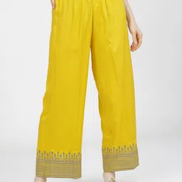Vishudh Women Mustard Yellow & Grey Ethnic Motifs Hem Design Cropped Palazzos-image-58