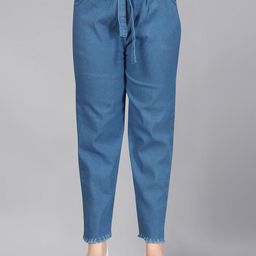 Aarika Girls Blue Solid Frayed Cotton Denim Trousers-picture-8