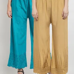Miaz Lifestyle Women Blue & Beige 2 Flared Knitted Palazzos-image-50