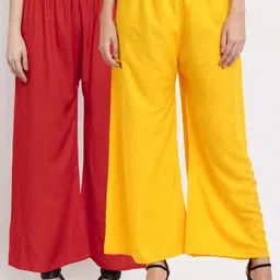 Miaz Lifestyle Women Yellow & Red 2 Flared Solid Palazzos-picture-12