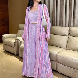 Janasya Paisley Printed Sweetheart Neck Georgette Top With Palazzos & Jacket-image-32