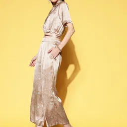 ANVI Be Yourself Women Beige Printed Tie Around Satin Top With Palazzo Co-Ords image 3