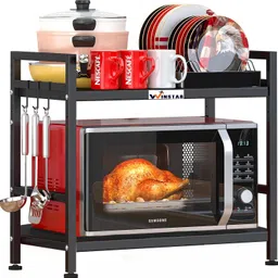 winstar Utensil Kitchen Rack 2-Tier Metal Microwave Stand | OTG Rack for Kitchen Counter (4 Hooks) | Iron image 1