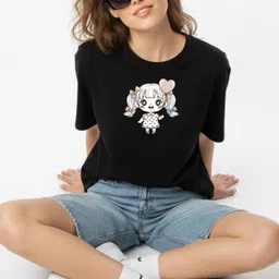 luxeape Women Printed Round Neck Cotton Blend Black T-Shirt-picture-32