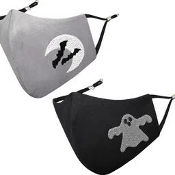 masq Anti-Pollution, Anti-Bacterial (BFE>99%) 4 Layer Embroidered, Designer, Trendy, Fashionable & Protective Cotton Cloth Face Mask for Kids each with Lanyard & Ear Adjusters (7-11 Years) Ghost_Combo_02 Reusable Cloth Mask-picture-40