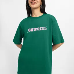 juneberry Oversized Women Printed Round Neck Pure Cotton Dark Green T-Shirt image 3