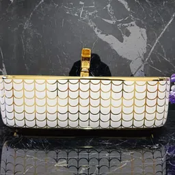 lofina Premium Designer Table Top Counter Top Golden Wash Basin Gold Ceramic Wash Basin L-4005(L41 X W31.5 X H13.5Cm) Very Stylish Bathroom Golden Ceramic Wash Basin Table Top Basin image 1
