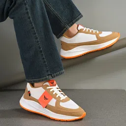 flostar Men’s Lightweight Casual Sports Sneakers – Tan & White with Bright Orange Sole Sneakers For Men image 2