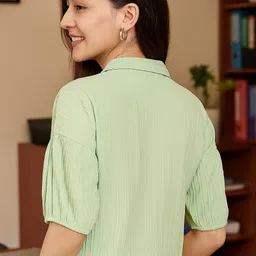 ekasya Women Boxy Fit Solid Lapel Collar Casual Shirt image 2