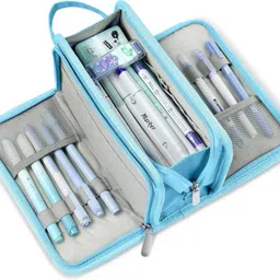 Large Pencil Case, Big Capacity Pencil Pouch Portable Canvas Stationery Organizer with Zipper, Blue with Plaid Art Canvas Pencil Box-image-12