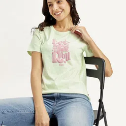levi's Women Graphic Print Crew Neck Pure Cotton Light Green T-Shirt image 1