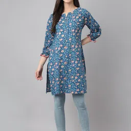 Casual Puff Sleeves Floral Print Women Blue Top-image-75