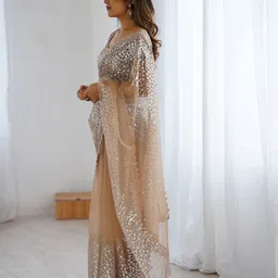 satrani Embroidered, Embellished Bollywood Jimmy choo, Net Saree image 3