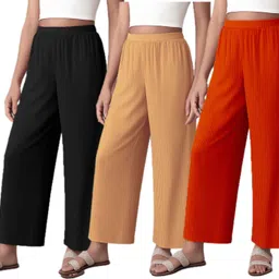 fabricalign Pack of 3 Women Relaxed Red, Beige, Black Crepe Trousers image 1