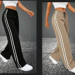 aks fab Pack of 2 Women Solid, Striped Black, Beige Track Pants image 1